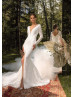 Boat Neck Ivory Lace Tulle Slit Anniversary Wedding Dress